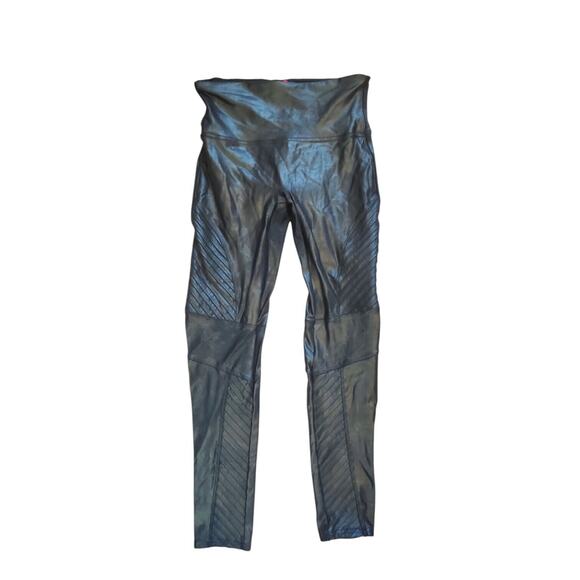 Spanx Faux Leather Black Moto Leggings Edgy Ribbed Accents Size Medium Petite - Picture 3 of 11